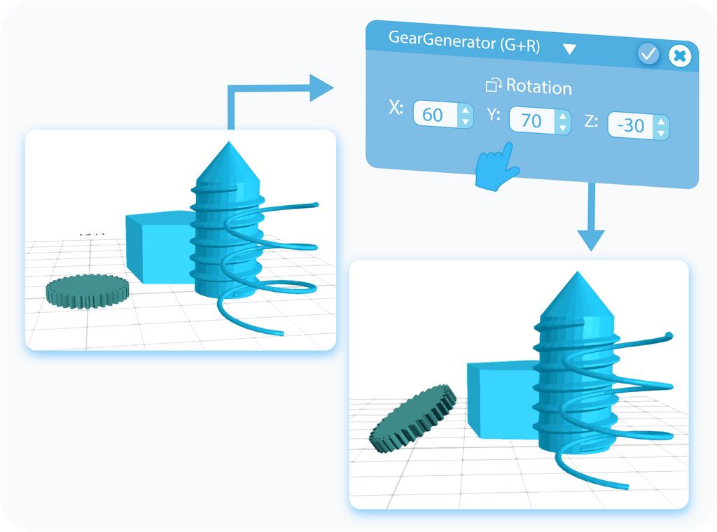 Customize Rotation of generated Gear in the workspace with XYZ coordinates